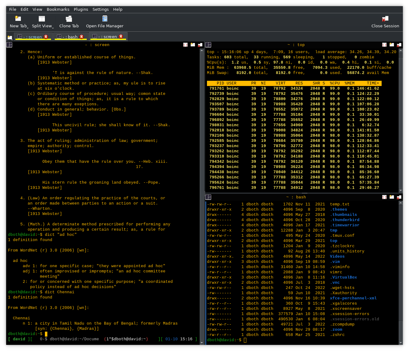 A Konsole terminal session with three tabs and three panels.