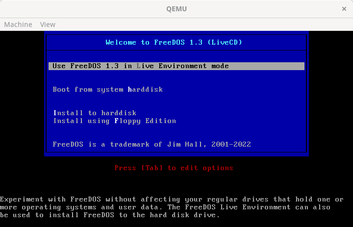 screenshot of FreeDOS 1.3 booting in QEMU