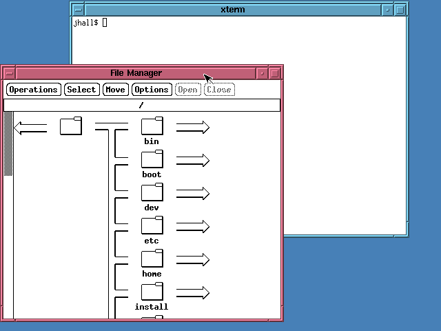 FVWM running on SLS 1.05, showing xterm and a file manager