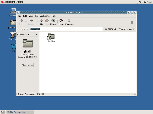GNOME 2.6.0 (2004) on Fedora Core 2 showing the Nautilus file manager, using a Fedora Core 2 theme