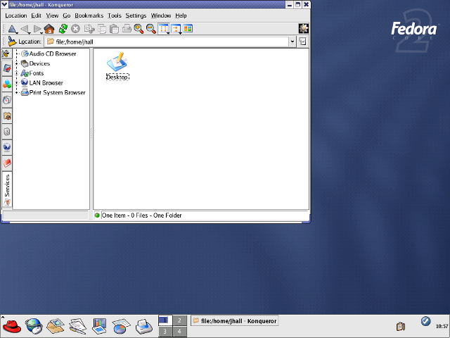 KDE 3.2.2 (2004) on Fedora Core 2 showing the Konqueror file manager, using a Fedora Core 2 theme
