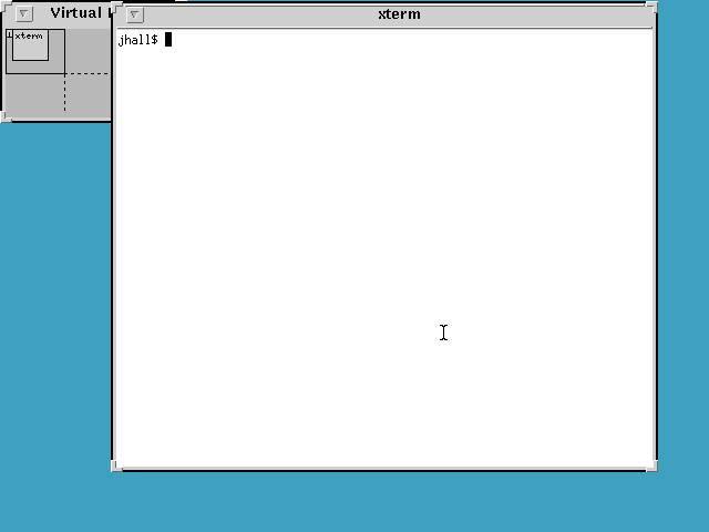 OLVMW running on SLS 1.05, showing xterm and the work space selector