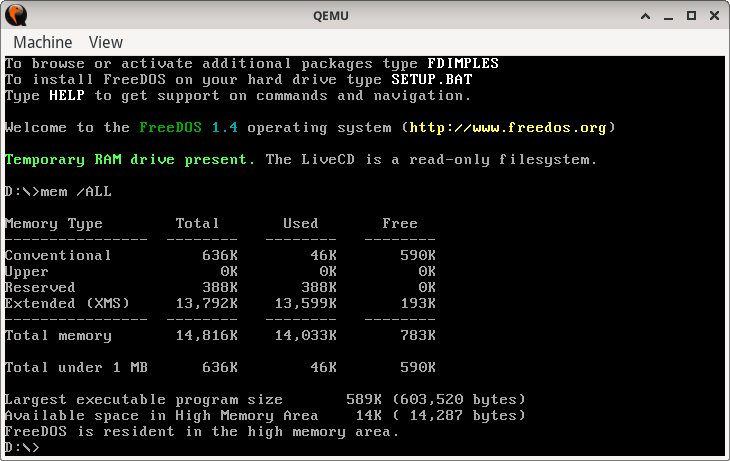 booting FreeDOS in QEMU with 16 MB memory