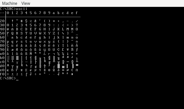 QEMU window displaying an extended ASCII table