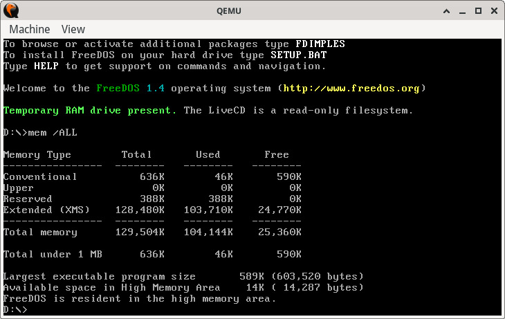 booting FreeDOS in QEMU with default memory size