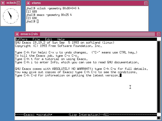 TWM running on SLS 1.05, showing xterm, xclock, and emacs