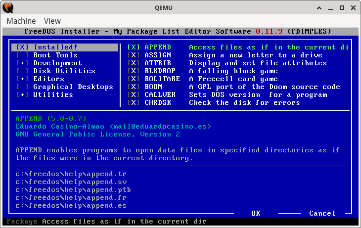 Installing FreeDOS packages with FDIMPLES