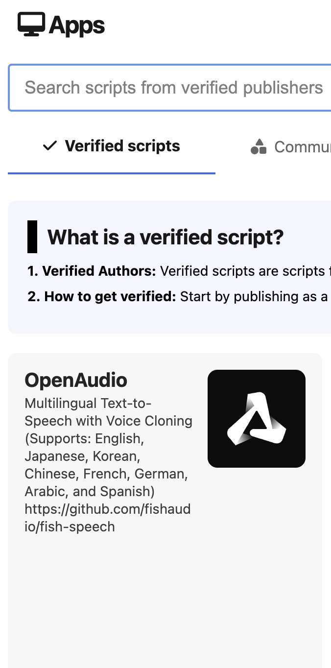 Image of OpenAudio to download from Pinokio app store