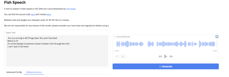 Fish speech interface for creating text to speech and voice cloning.