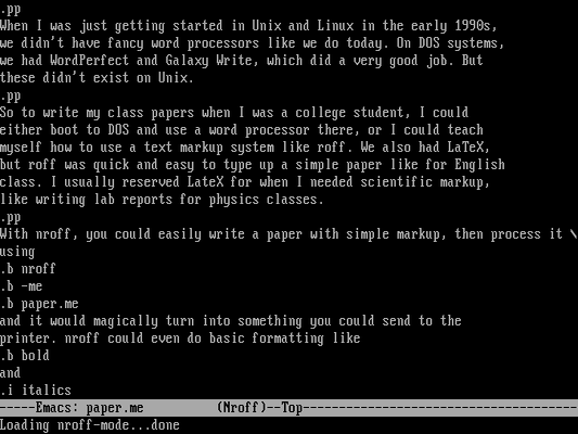 Editing a paper in nroff in SLS Linux