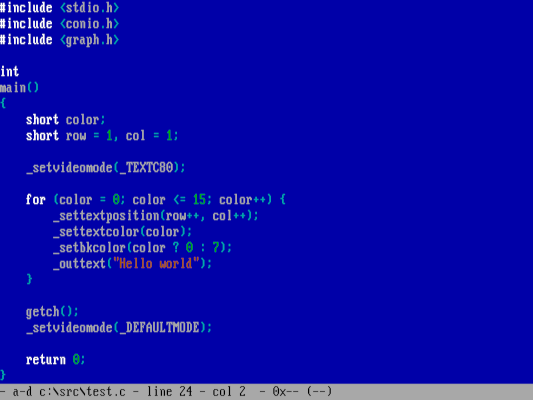 source code to the 'hello world' program in the FED editor, with blue background and white text