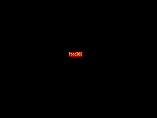 the word 'FreeDOS' in the middle of the screen, in bright yellow and red background