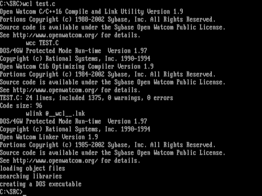 output while compiling the test.c program, with a lot of extra text