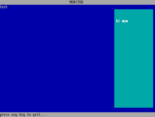 'hi mom' on the right in a cyan window, and 'test' on the left, with title and footer lines
