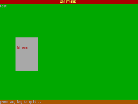 'hi mom' as a card on the left, 'test' in white text on a green background, with header and footer lines