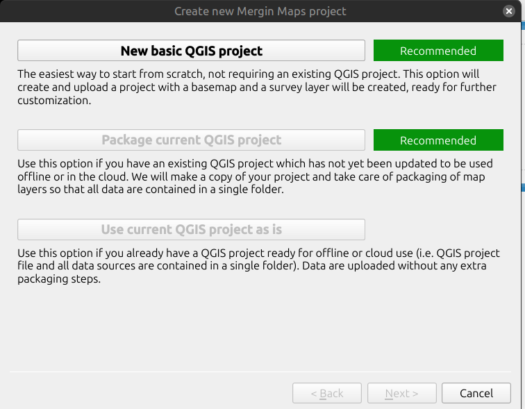 New project menu