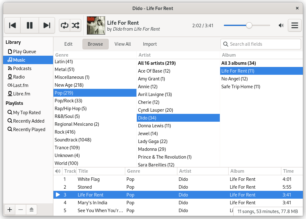Rhythmbox music player playing 'Life for Rent' by Dido