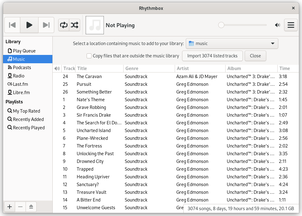 Rhythmbox music player while importing a list of song files