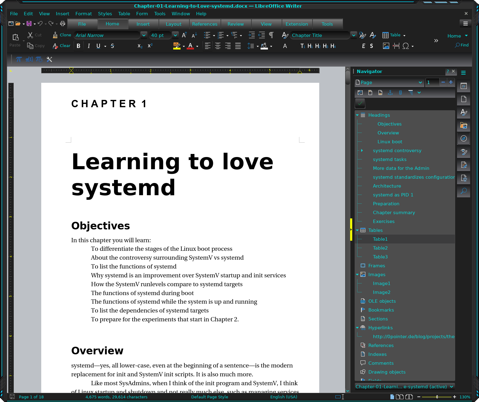 Screenshot of LibreOffice Writer with a dark theme and tabbed tool selection. Chapter 1, Learning to Love systemd," is displayed in the documenbt pane and the Navigator is displayed in the sidebar on the right side.