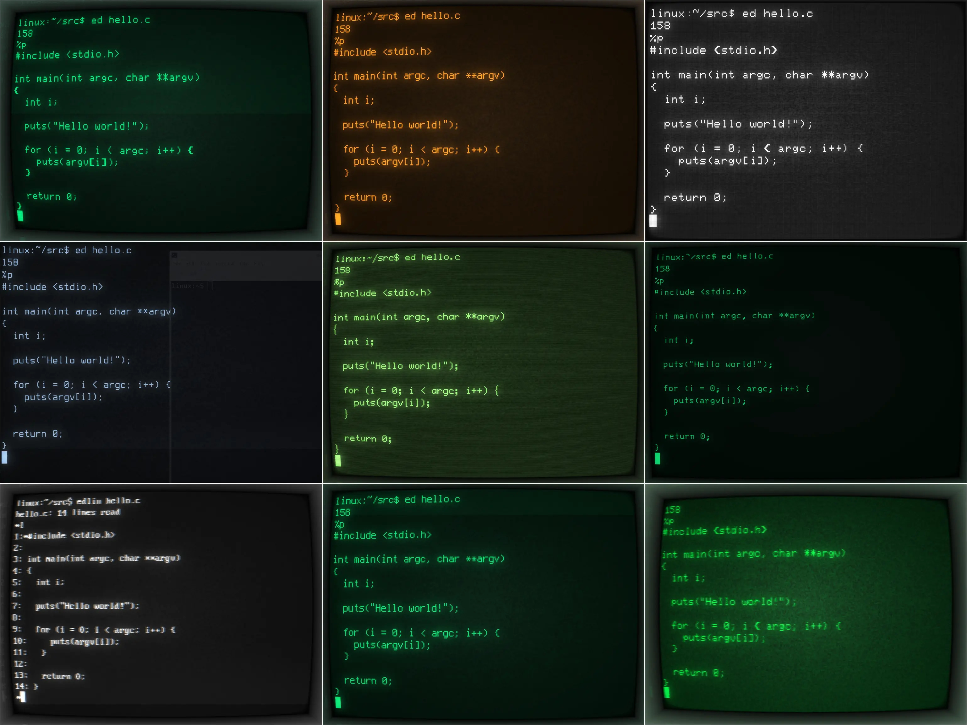 a montage of 9 variations of Cool Retro Term; most are green screens, one is amber, two are white text, one is blue text