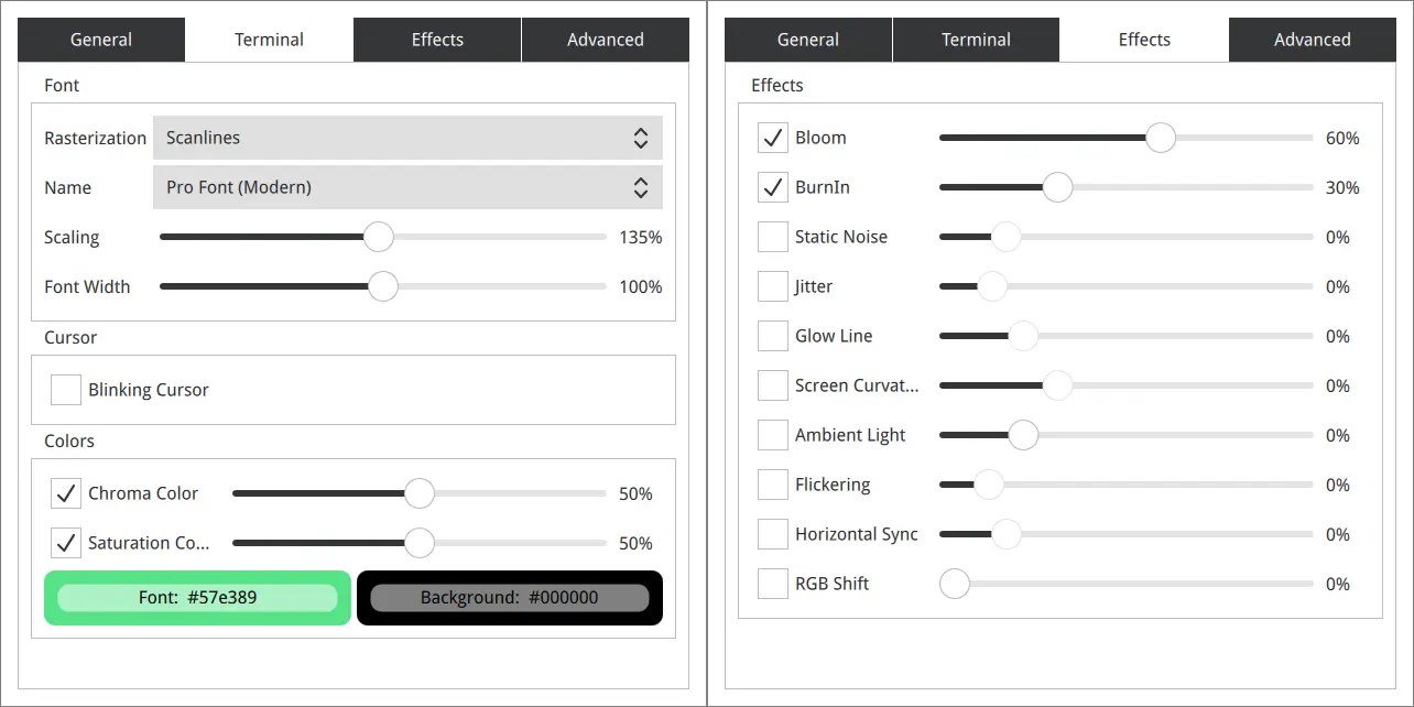 the Terminal and Effects tabs in the Cool Retro Term settings