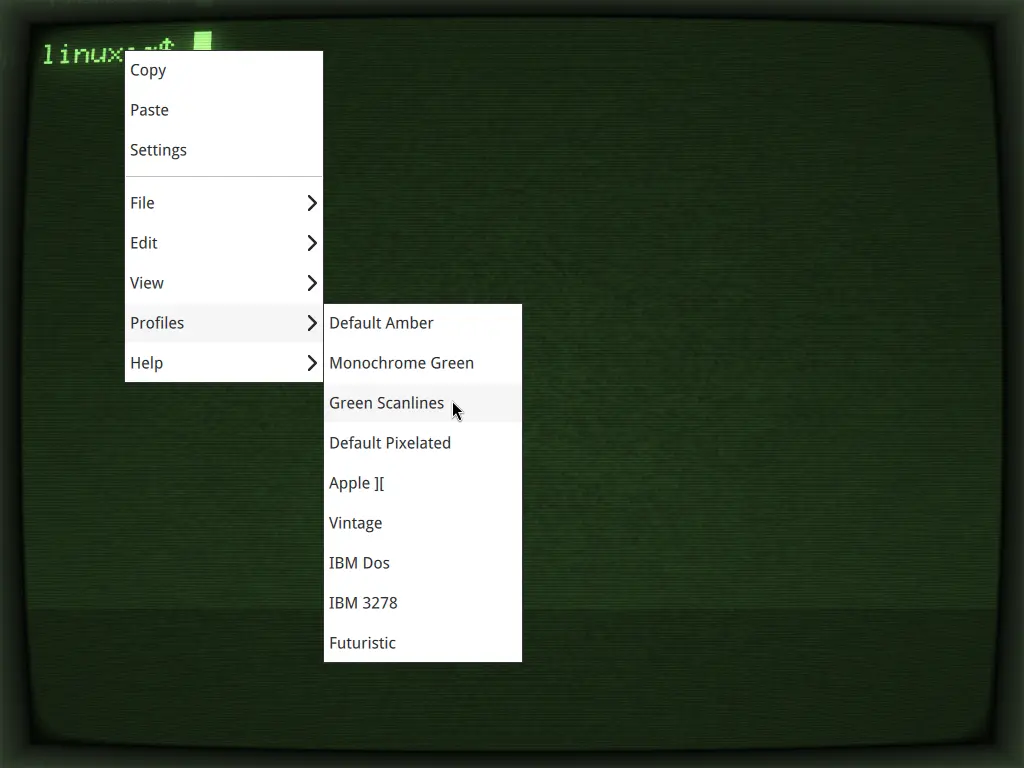 a green terminal showing the Profiles menu; 'Green Scanlines' is selected