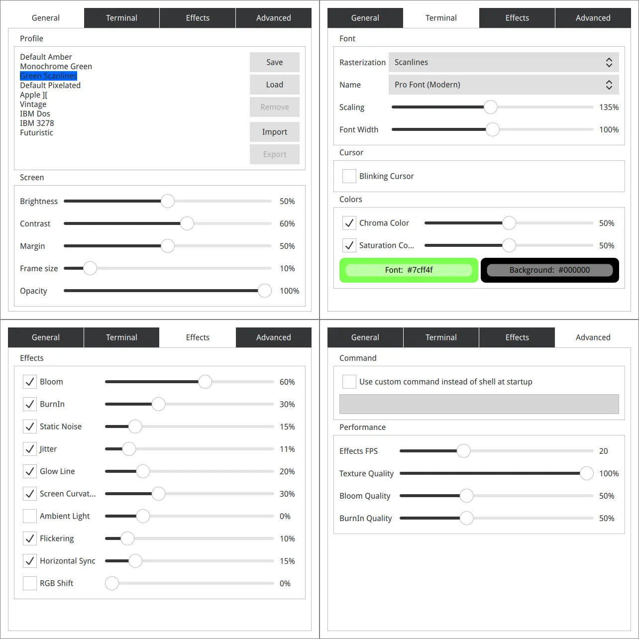 the 4 tabs in the cool retro term Settings: General, Terminal, Effects, Advanced
