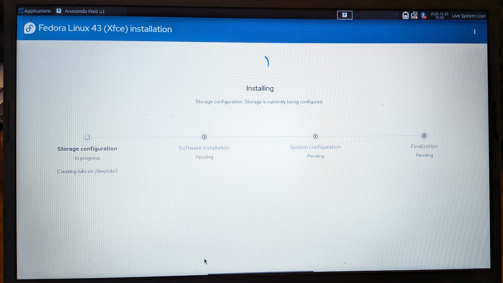 Fedora 43 Xfce installer, in progress