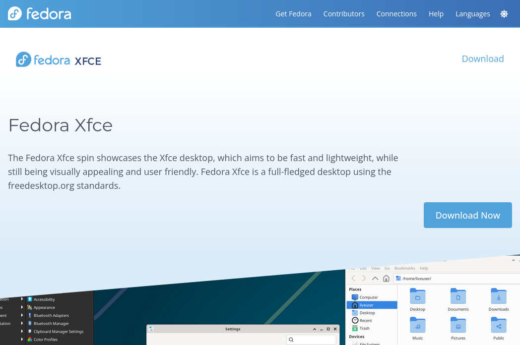 Fedora 43 Xfce installer website, with a blue "download now" button in the lower right
