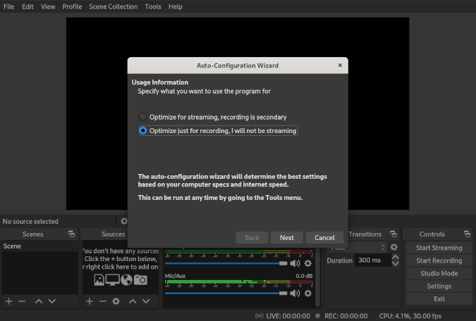 OBS Studio configuration wizard, with 'optimize just for recording' selected