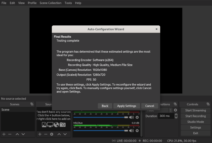 OBS Studio configuration wizard showing 1920 x 1080 for canvas resolution, and 1280 x 720 for output resolution