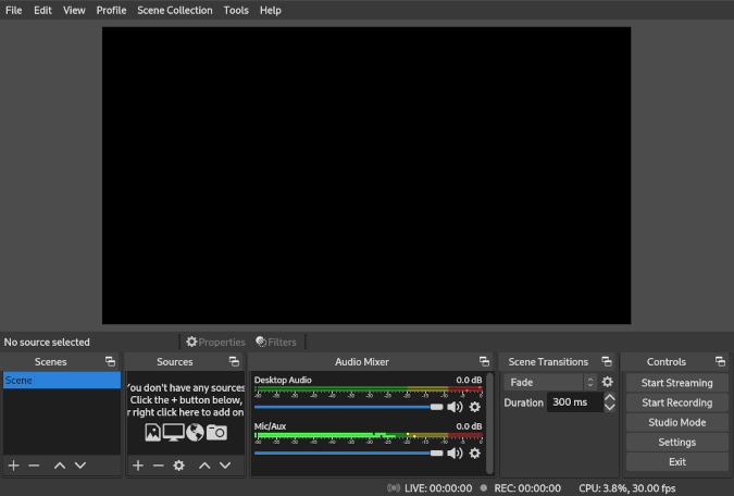 OBS Studio with the scene selectors at the bottom of the window