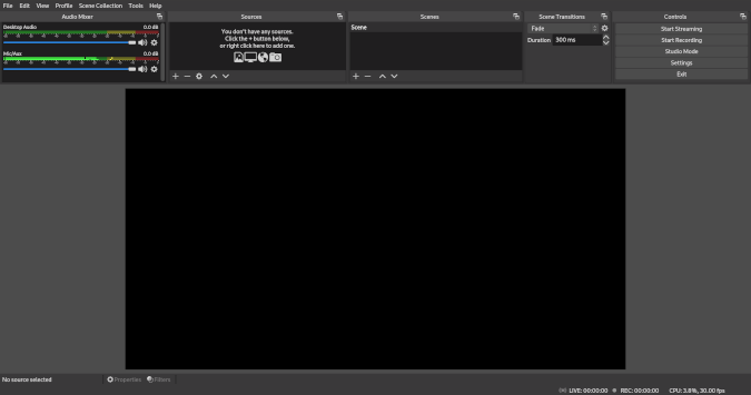 OBS Studio with the scene selectors at the top of the window