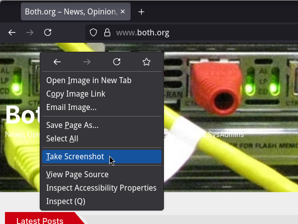 The Firefox screenshot menu action, showing 'Take screenshot'