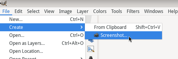 The GIMP screenshot menu action, under 'File' then 'Create' then 'Screenshot'