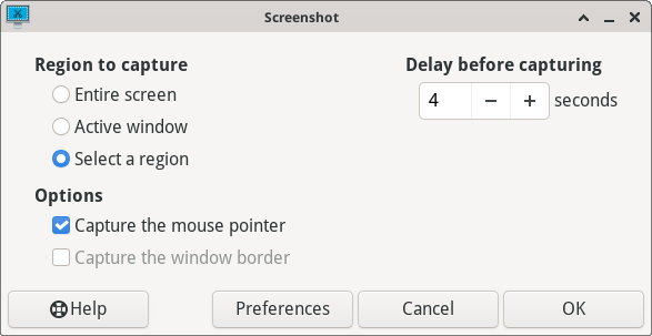 The Xfce screenshot window, with options for 'entire screen' and 'active window' and 'select a region'