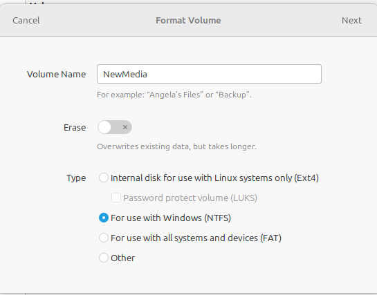 Choose NTFS format.