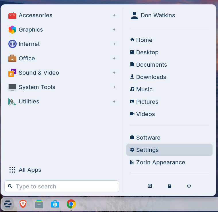 Defualt menu from Zorin OS 18