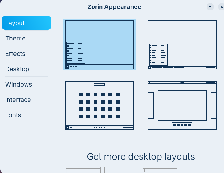 Appearance menu for Zorin OS