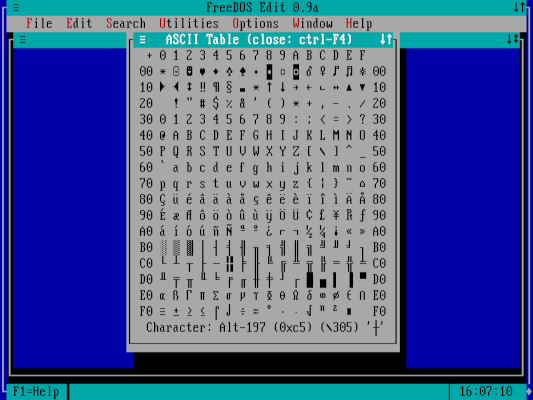 The FreeDOS editor showing a table of all possible DOS characters, character 0xc5 (connecting lines) is selected