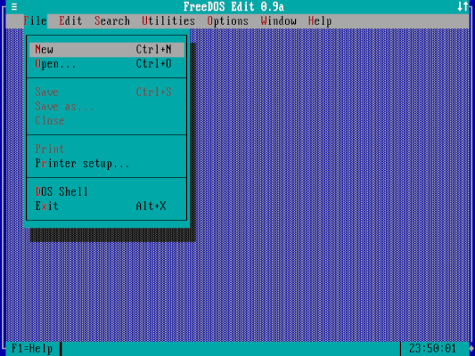 The File - New menu in the FreeDOS editeor