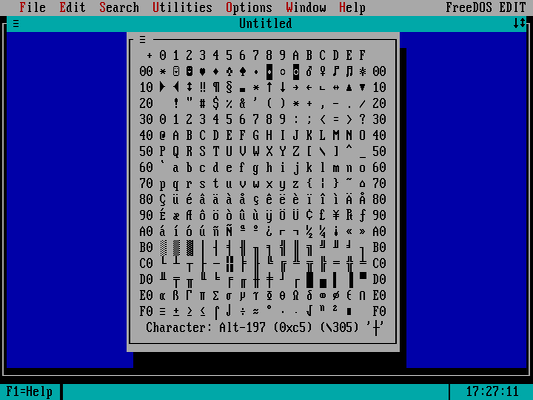 FreeDOS Edit showing an ASCII table, character c5 is highlighted