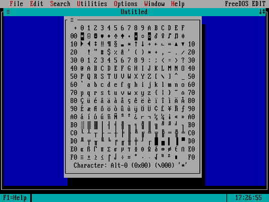 FreeDOS Edit showing an ASCII table, character 00 is highlighted