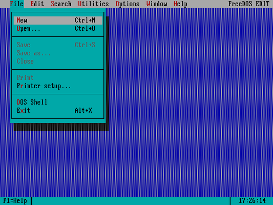 FreeDOS Edit with the File menu activated, showing all items