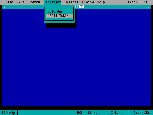 FreeDOS Edit with the Utilities menu activated, ASCII Table is selected