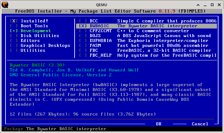 FreeDOS package manager, showing the BWBASIC package