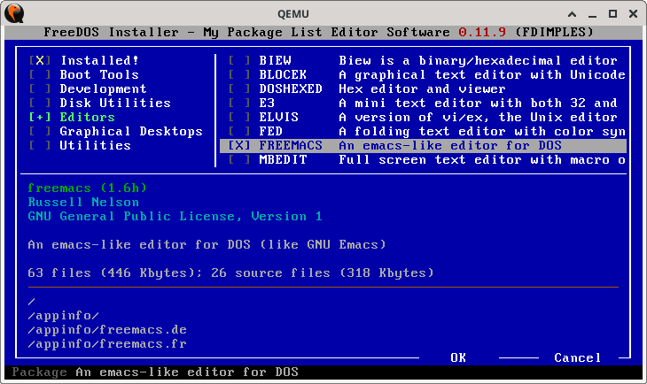 FreeDOS package manager, with the freemacs package selected