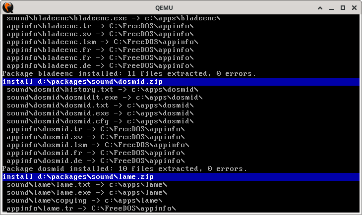 text output showing all sound tools being installed, each program name is highlighted in blue, files are show as white text