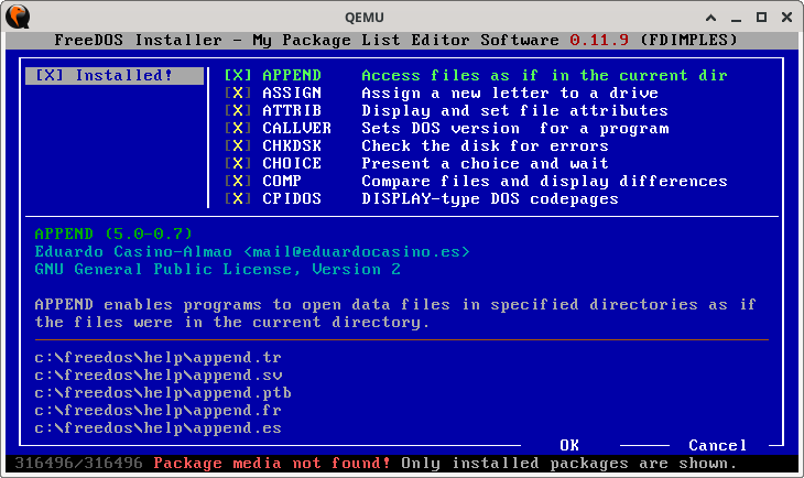 Package manager showing only installed packages, the bottom of the screen says 'Package media not found' in red text