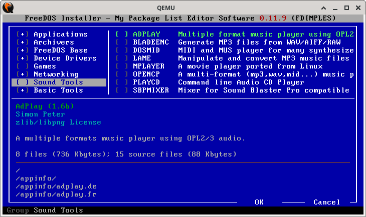 Package manager showing Sound tools, none of the packages are selected